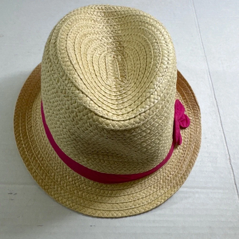 Y2K Chic Gymboree Girls Straw Fedora Hat‎ Pink Bow Tan Paper Sun Hat Size L BOHO